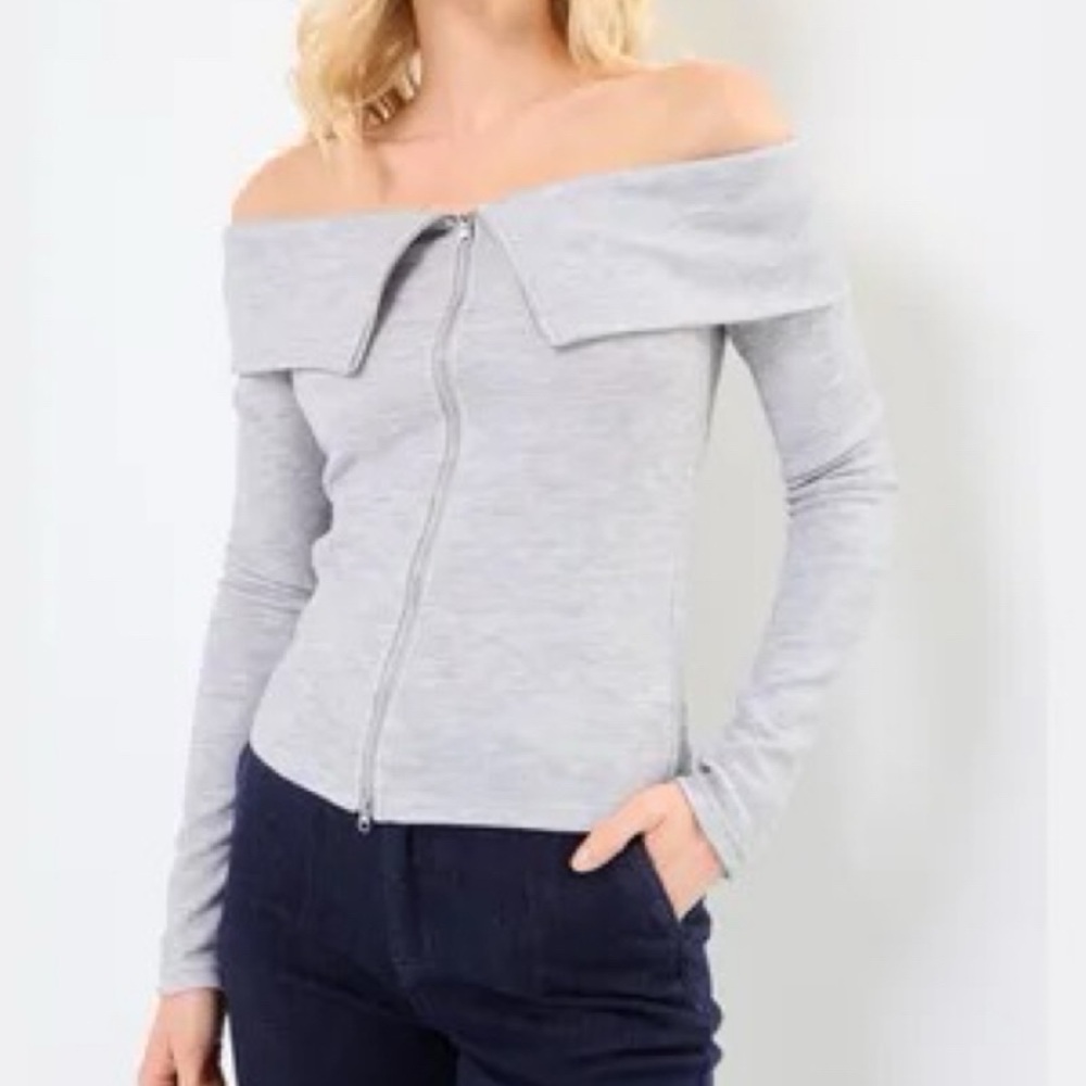Noisy May NMStormy Off Shoulder Zip Cardigan Light Gray Ribbed Knit Size S